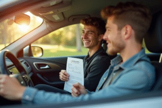 Adolescent souriant avec permis dans une voiture moderne