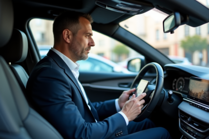 Conducteur VTC parisien en costume dans sa voiture moderne