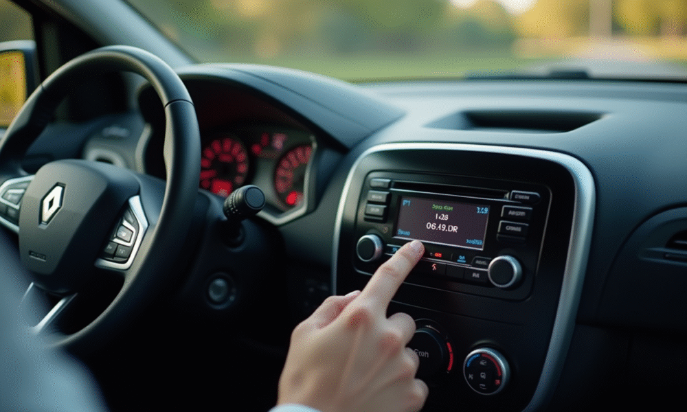 Mains d'un conducteur entrant un code radio Renault intérieur