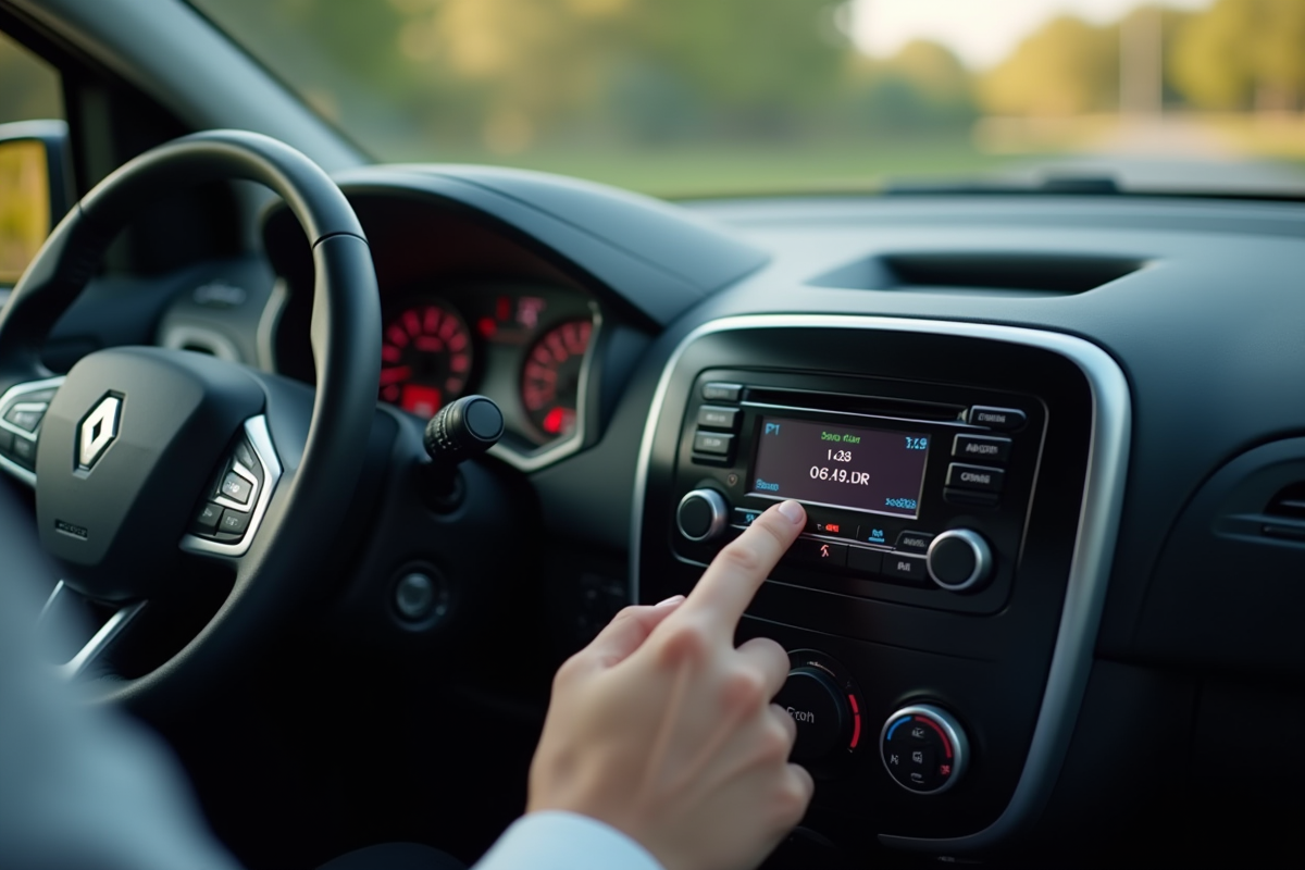 Mains d'un conducteur entrant un code radio Renault intérieur