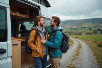 Jeune couple en camping-car dans la campagne française