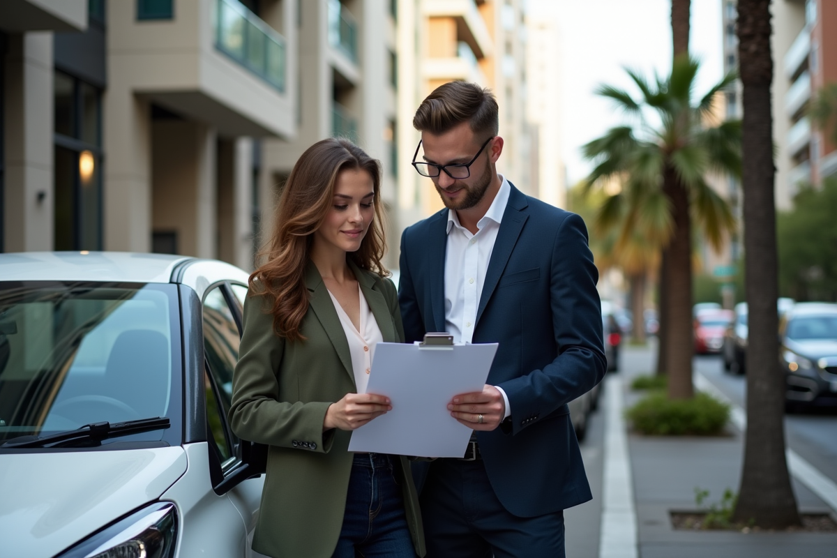 Jeune couple vérifiant un contrat de voiture à Sydney