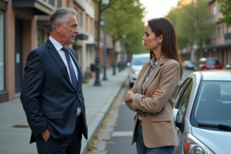Homme d'affaires et femme discutent d'une petite bosse sur la voiture
