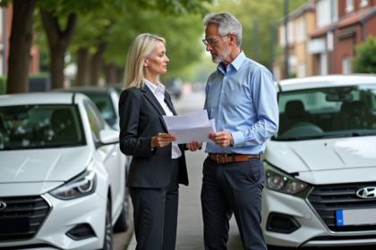 Homme et femme discutant près de voitures endommagées