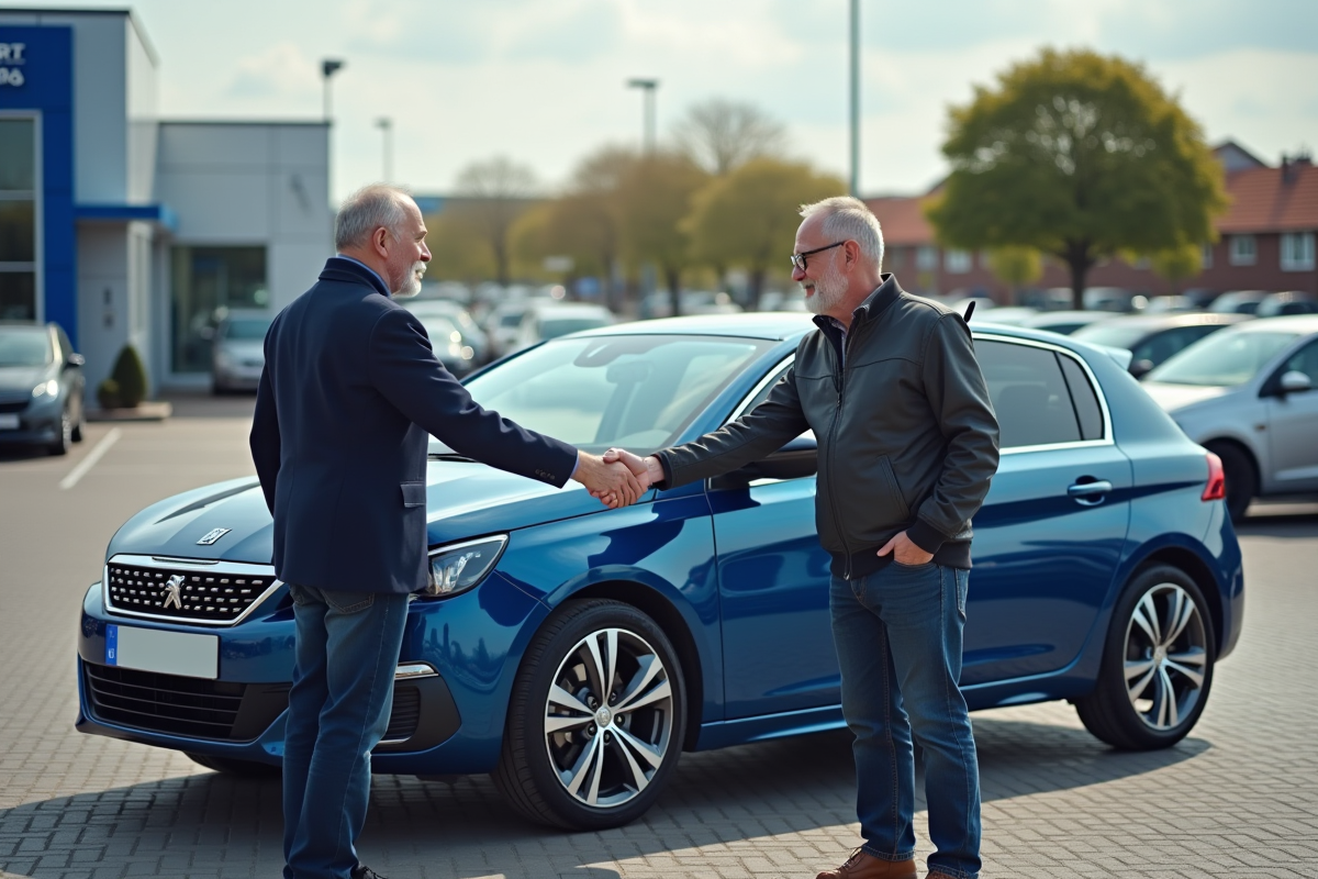 Deux adultes serrant la main près d'une Peugeot 308 bleue