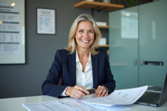 Femme d'âge moyen en bureau administratif français