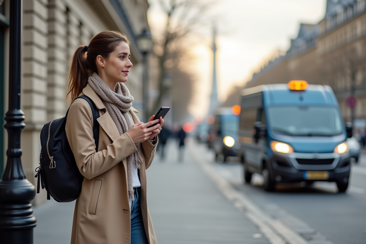 Jeune femme en trench beige attendant son VTC dans Paris