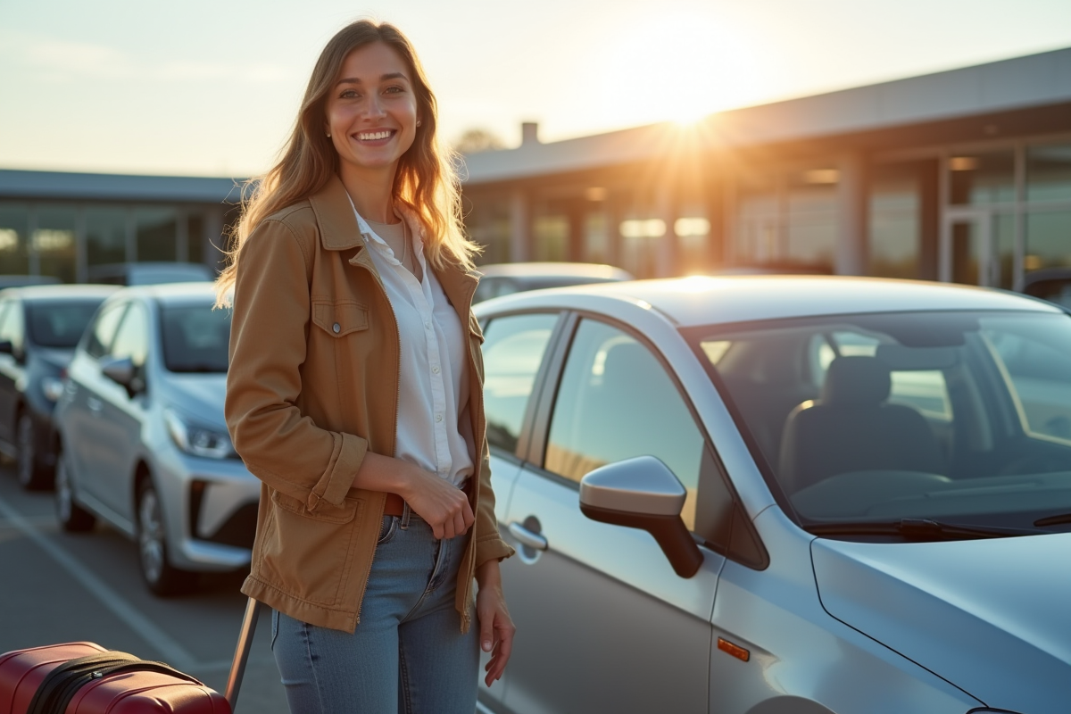 Femme souriante avec voiture de location dans un parking ensoleille