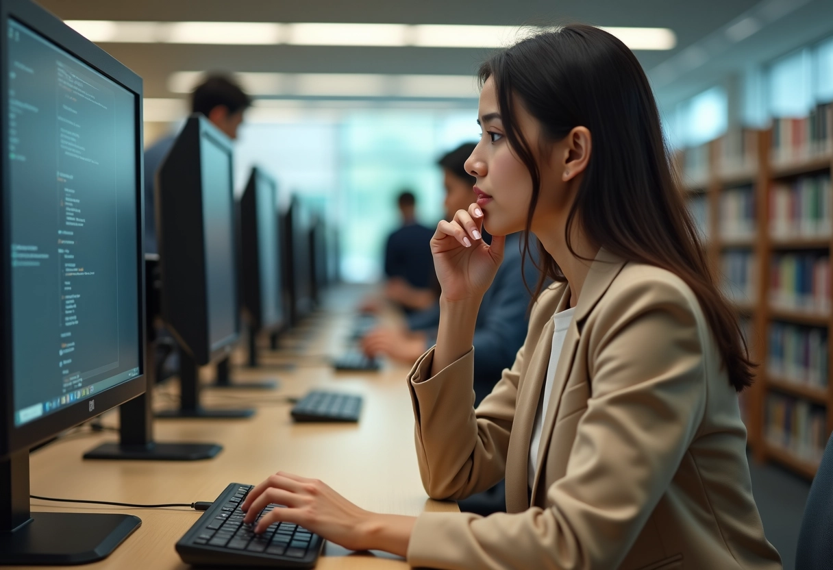 Jeune femme à la bibliothèque travaillant sur un ordinateur