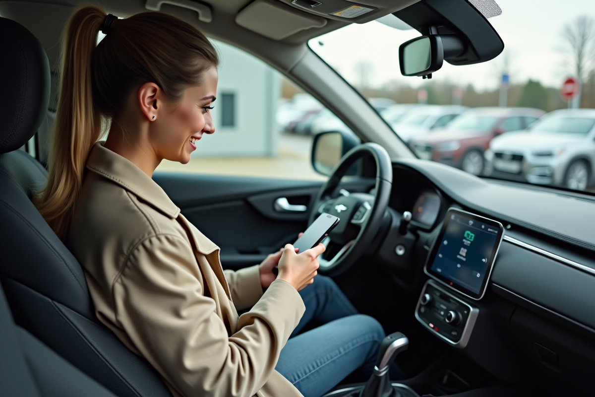 Femme souriante utilisant son smartphone dans la voiture