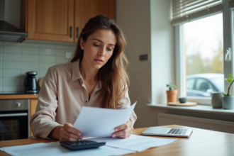 Femme examinant des papiers d'assurance voiture à la maison