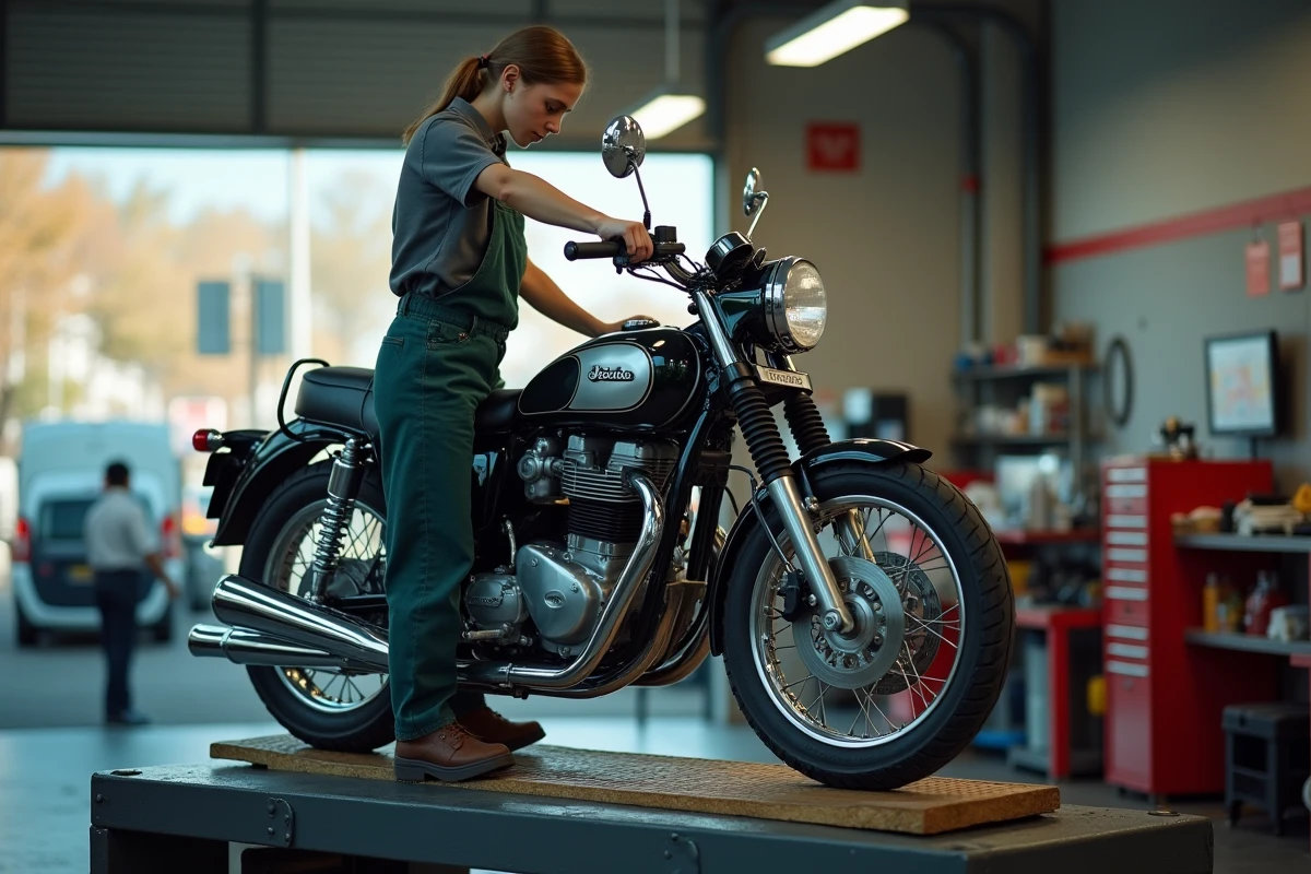 Jeune femme technicienne inspectant une moto classique en atelier