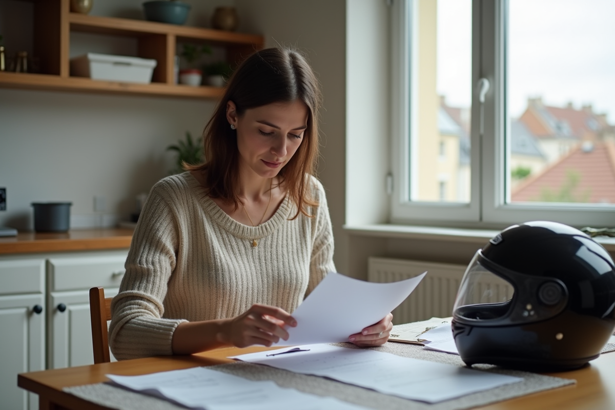 Femme vérifiant papiers de permis moto dans la cuisine