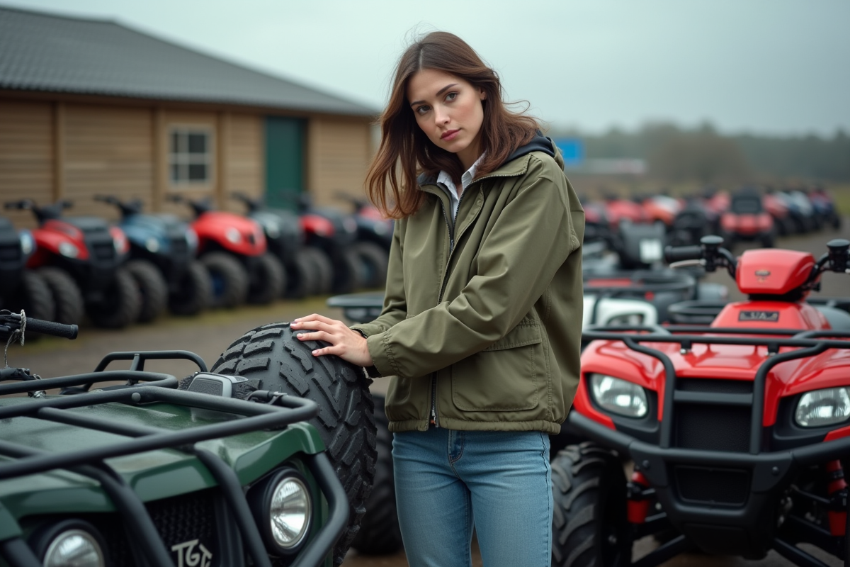 Femme inspectant les pneus d