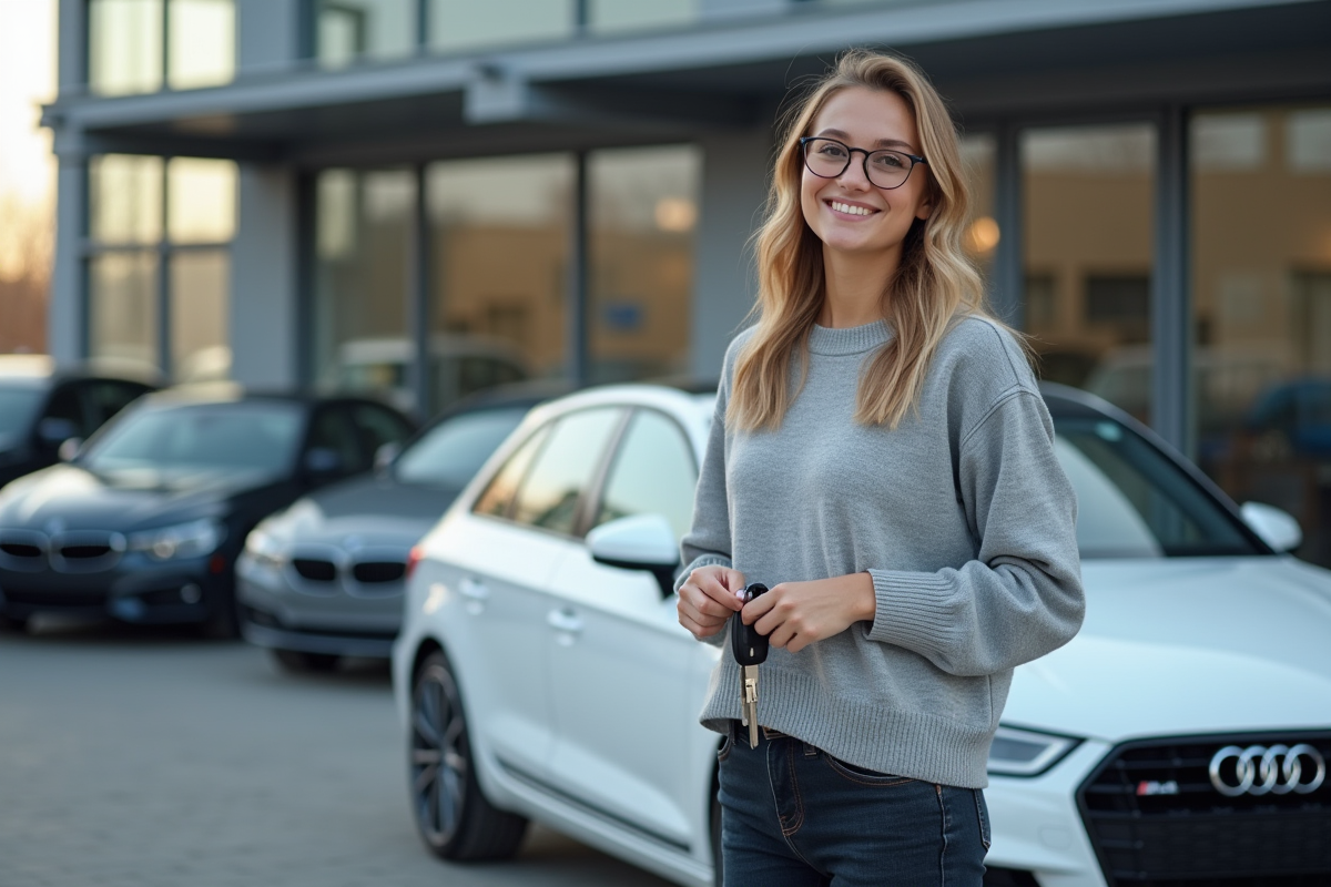 Jeune femme souriante avec clé de voiture devant un concessionnaire