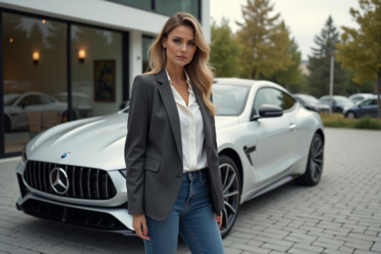 Femme élégante examine une voiture 2025 dans un concessionnaire moderne