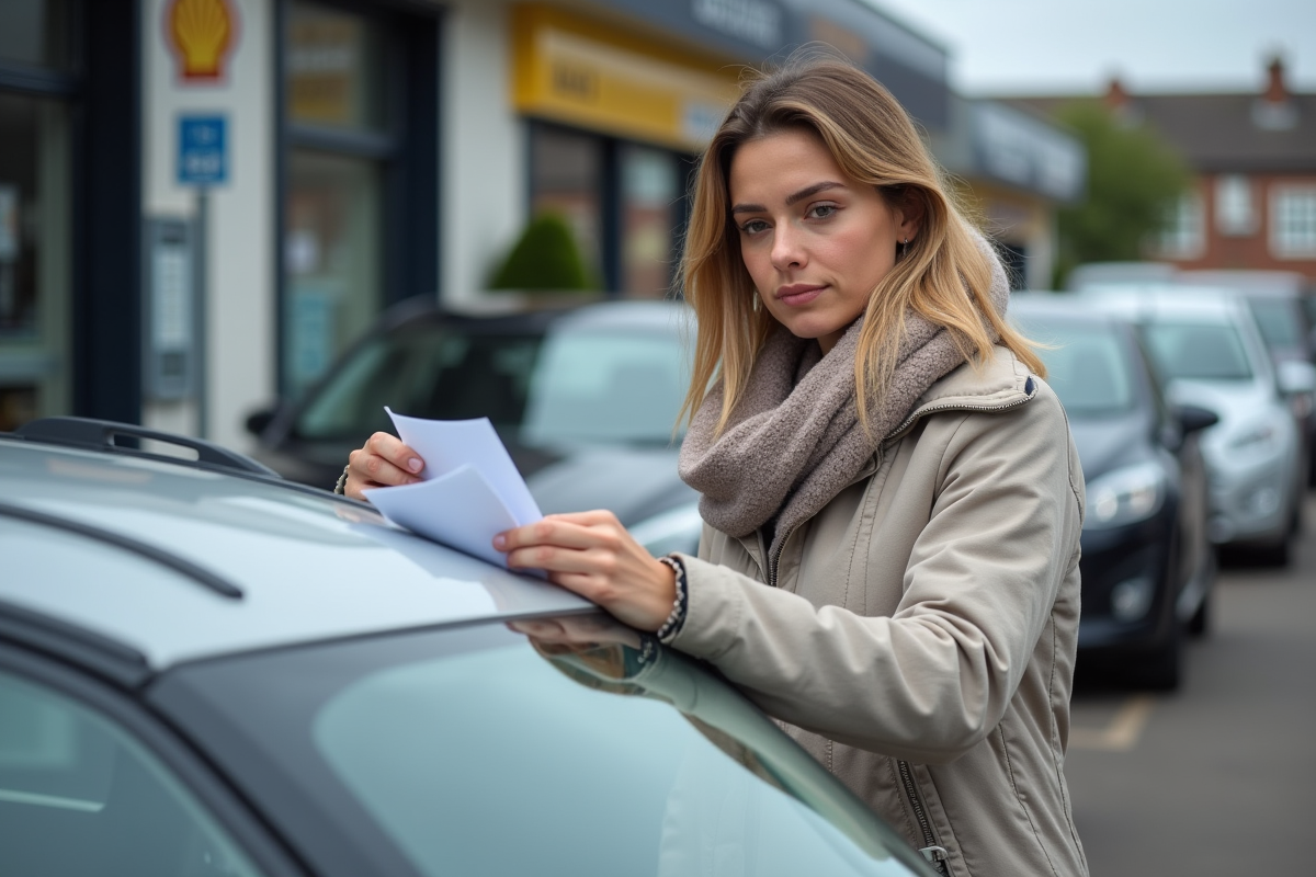 Jeune femme française vérifiant papier d