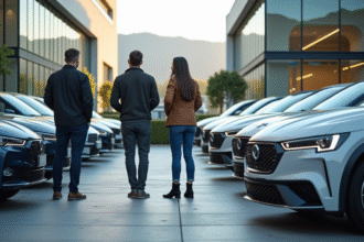 Groupe d'adultes admirant voitures 2025 devant un concessionnaire