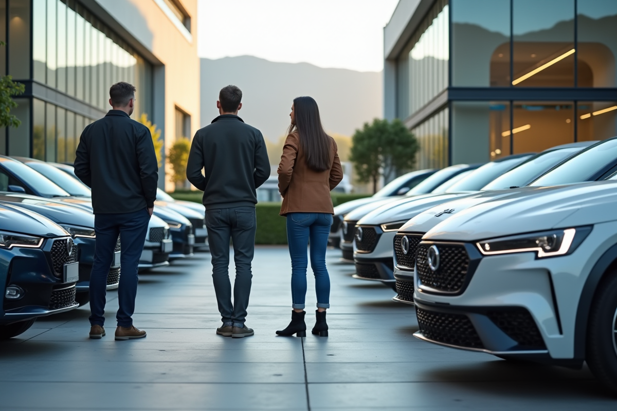 Groupe d'adultes admirant voitures 2025 devant un concessionnaire