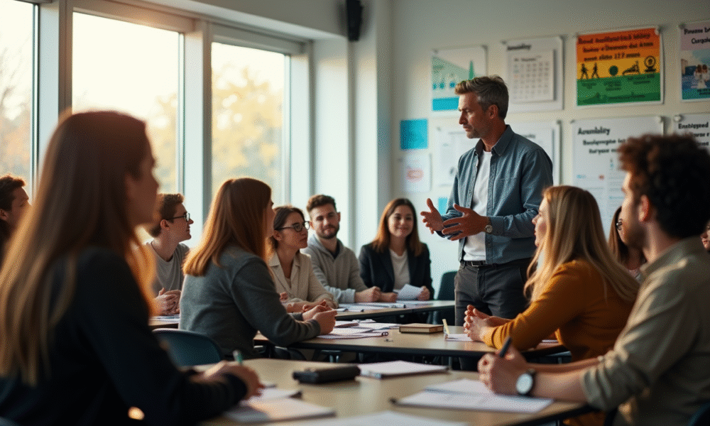 Groupe d'adultes écoutant un instructeur en classe moderne