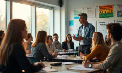 Groupe d'adultes écoutant un instructeur en classe moderne
