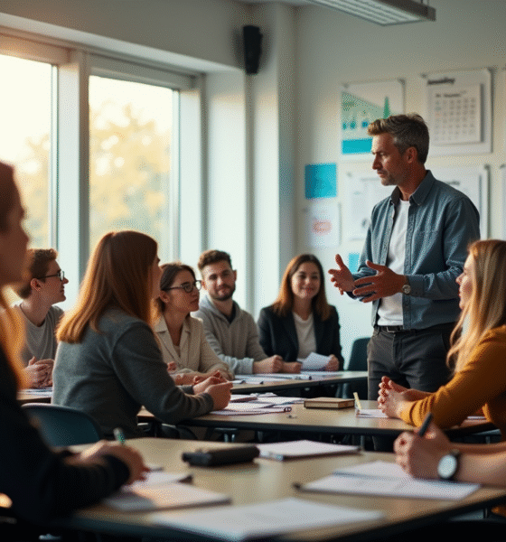 Groupe d'adultes écoutant un instructeur en classe moderne