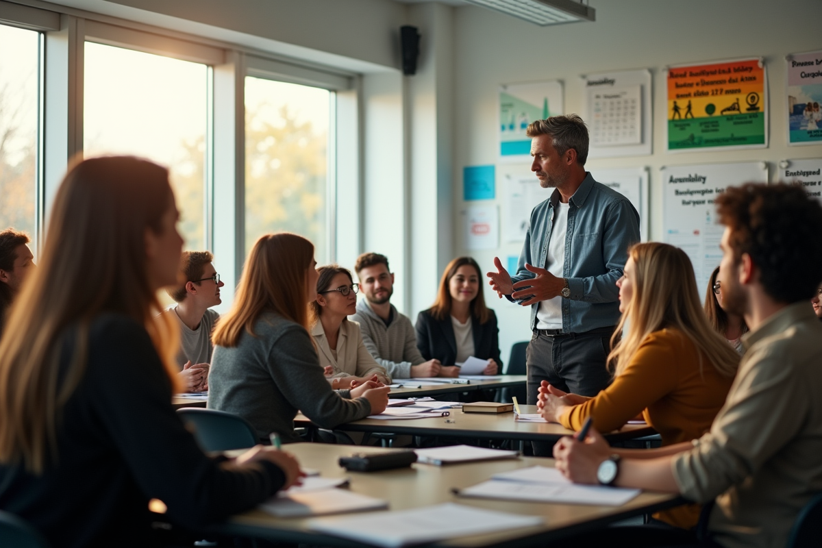 Groupe d'adultes écoutant un instructeur en classe moderne