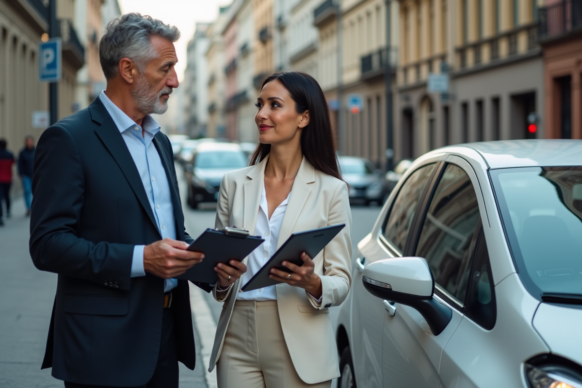 Homme d'affaires parlant avec une agente d'assurance devant une voiture endommagée en ville