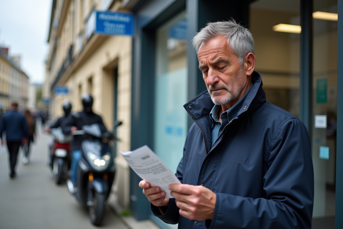 Homme vérifiant un reçu devant un centre de permis