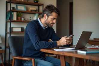 Homme en bureau à domicile utilisant son ordinateur portable