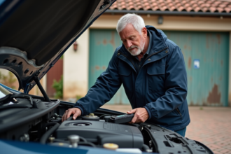 Homme d'âge moyen examinant le moteur d'une voiture
