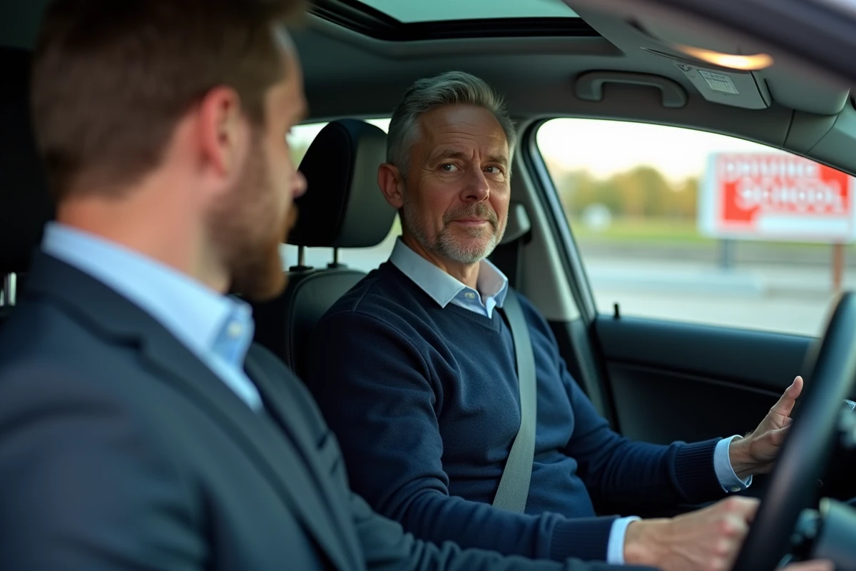 Homme en voiture avec instructeur de conduite