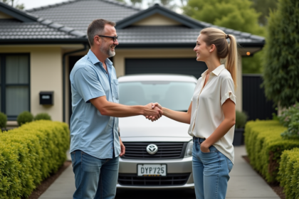 Homme et femme souriants devant une voiture en Australie