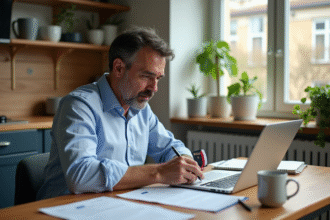 Homme français remplissant documents d'assurance voiture à la maison