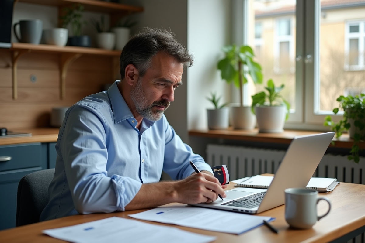 Homme français remplissant documents d'assurance voiture à la maison