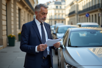Homme français en costume examinant documents d'assurance voiture