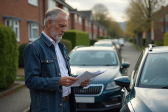 Homme d'âge moyen lisant une lettre devant sa voiture
