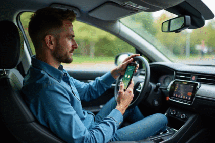 Homme dans sa voiture utilisant son smartphone pour miroir