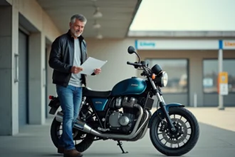 Homme en jeans et veste tenant papiers près de sa moto