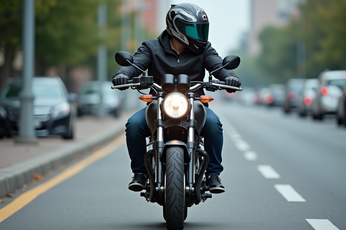 Homme en équipement vérifiant son moto en ville