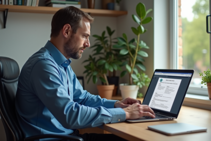 Homme en bureau moderne remplissant un formulaire de transfert véhicule