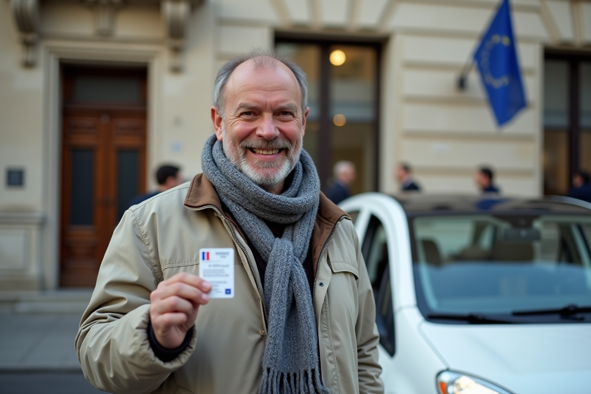 Homme souriant tenant son permis de conduire devant la mairie