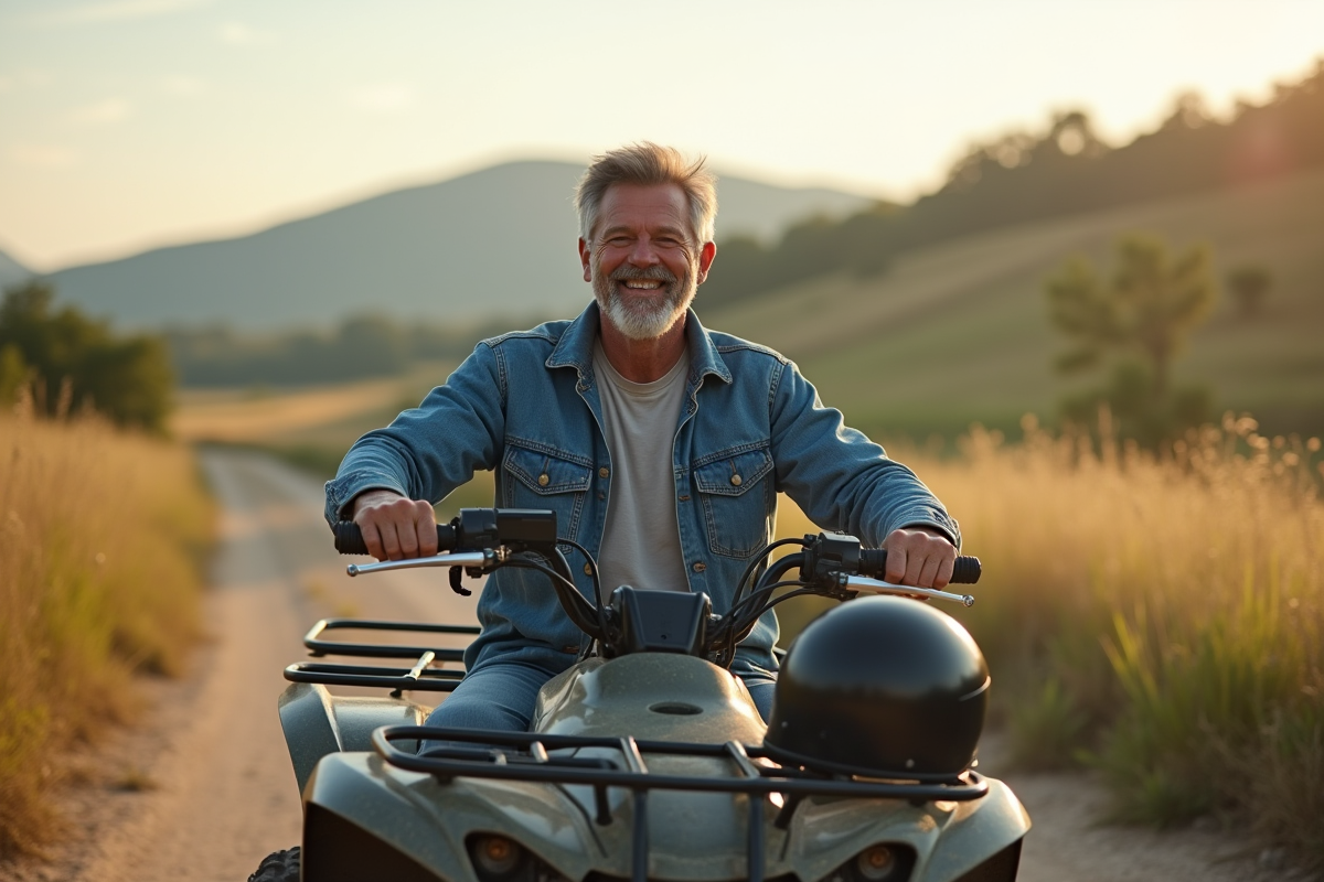 Homme d'âge moyen sur un quad en pleine nature