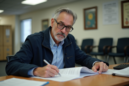 Homme d'âge moyen lisant des formulaires de permis