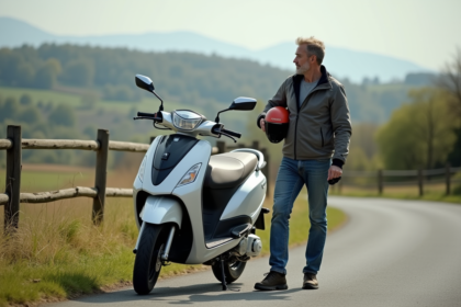 Homme d'âge moyen avec casque à côté d'un scooter en campagne