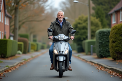 Homme d'âge moyen montant un scooter 125cc dans un quartier résidentiel