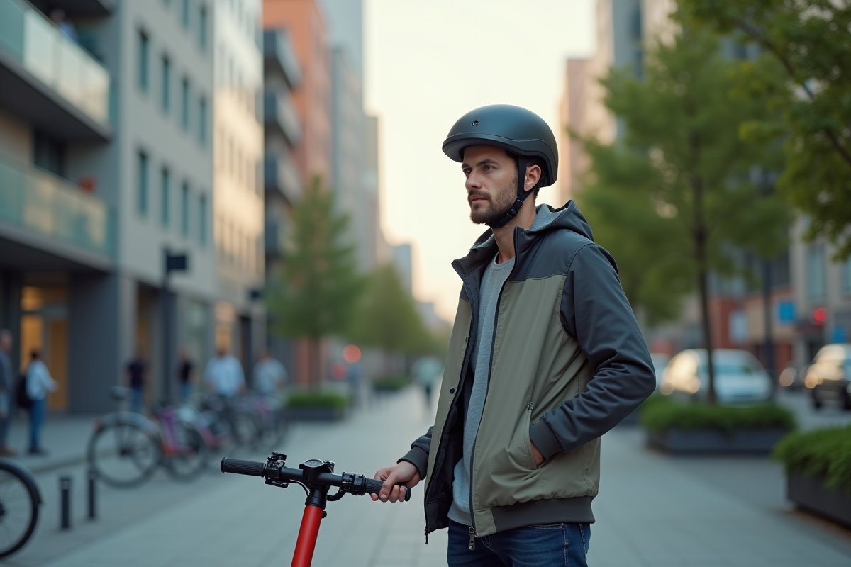 Homme en streetwear avec casque EDPM et scooter en ville