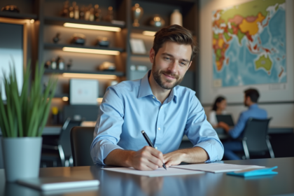 Homme en costume signant un contrat de location de voiture