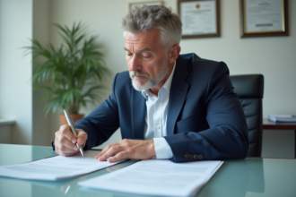 Homme en costume signant un contrat de location voiture