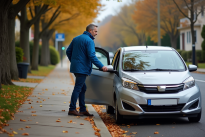Homme d'âge moyen sortant prudemment d'une voiture compacte dans un quartier résidentiel
